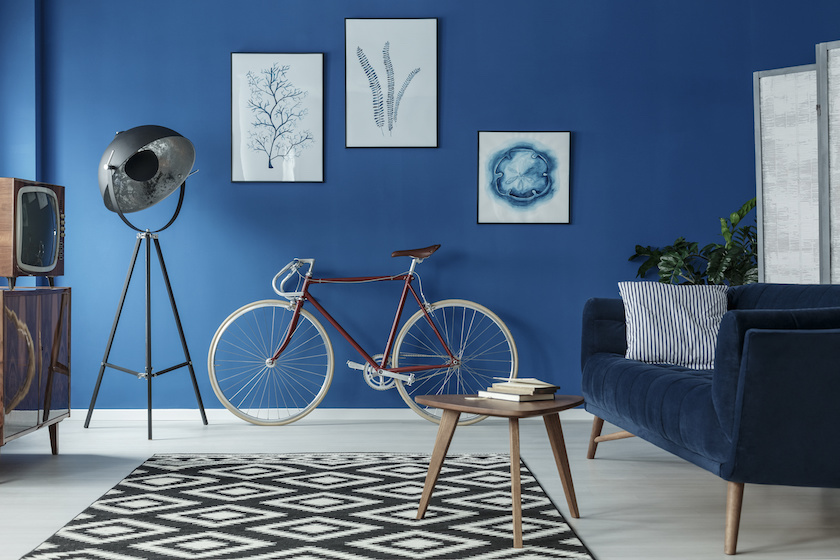 Classic Blue living room with 10-speed bike