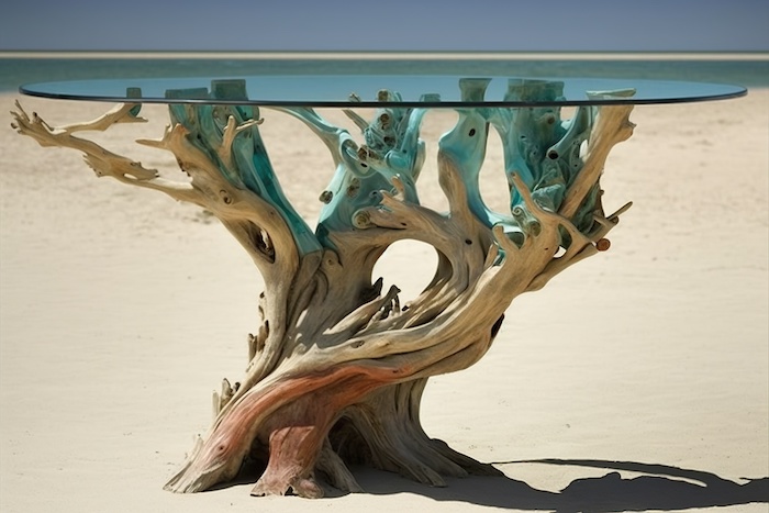 Table with a base made from repurposed or upcycled materials such as driftwood or salvaged metal, concept of Upcycling and Reclaimed Materials, created with Generative AI technology