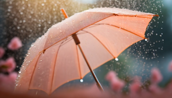 Peach Fuzz color umbrella, background with selective focus and copy space for text