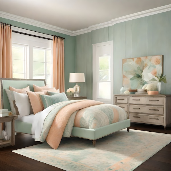 seafoam green, soft peach, and warm taupe, bedroom