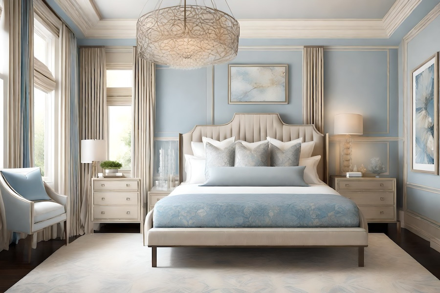 Transitional interior design bedroom featuring a blend of traditional and contemporary elements in a palette of soft blue, cream, and taupe