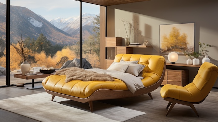 Yellow and warm modern bedroom with neutral wooden interior.
