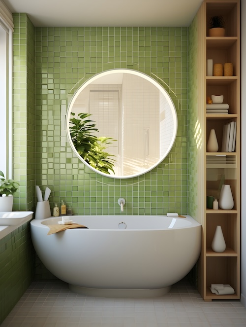 small pale green bathroom with tub
